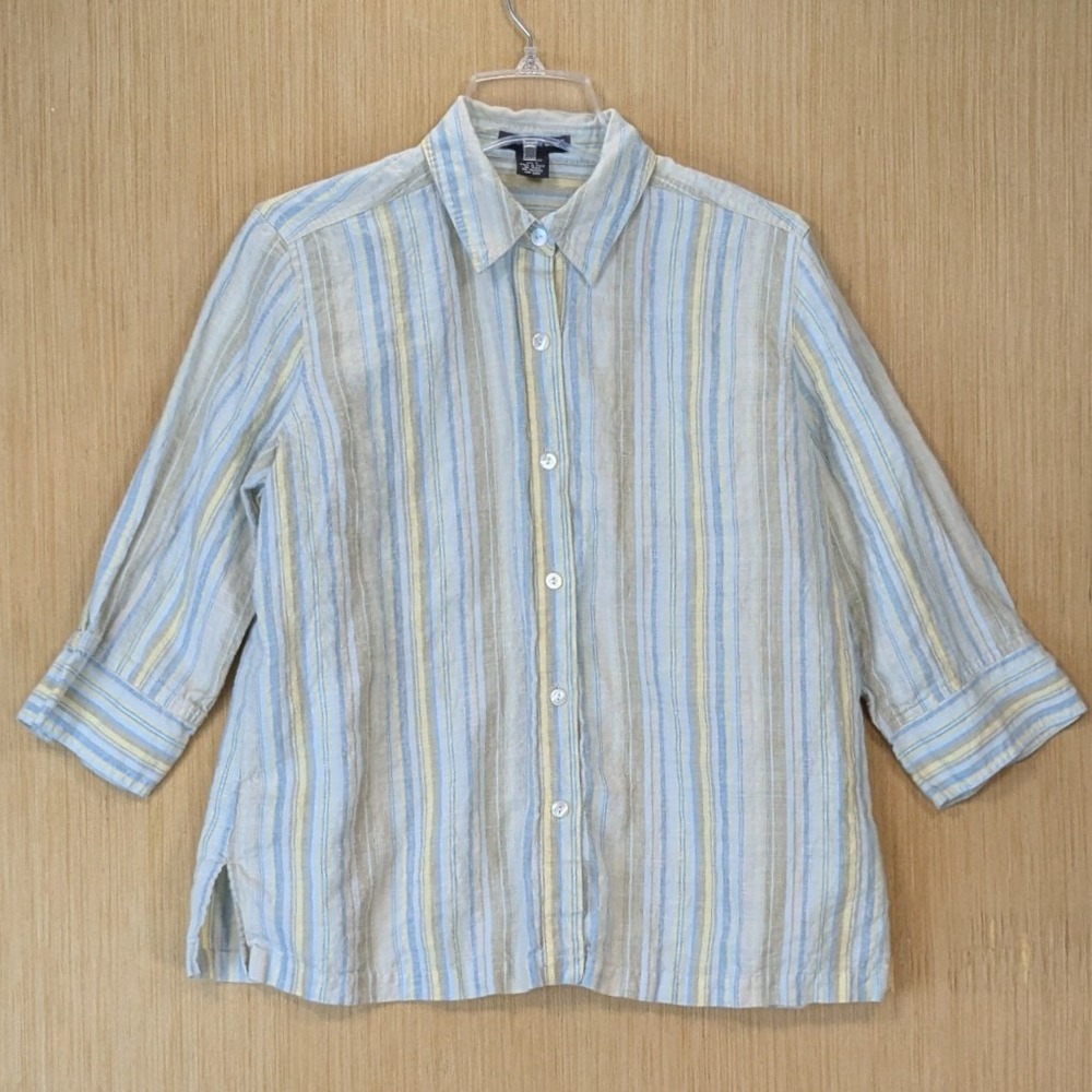 Saint Tropez West Womens 100% Linen Minimalist Striped Shirt Size L Blue Yellow - Picture 1 of 7